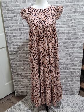 Free The Roses Womens Sz S| Leopard Print | Tiered Maxi Dress